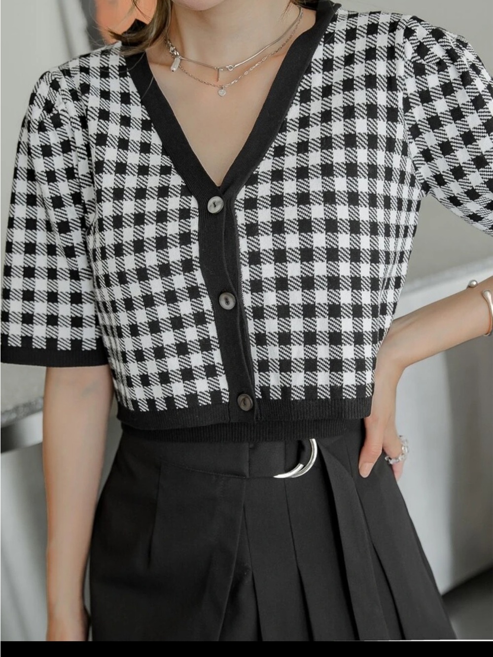 Black & White Gingham Short-Sleeve Button Cropped Cardigan Set